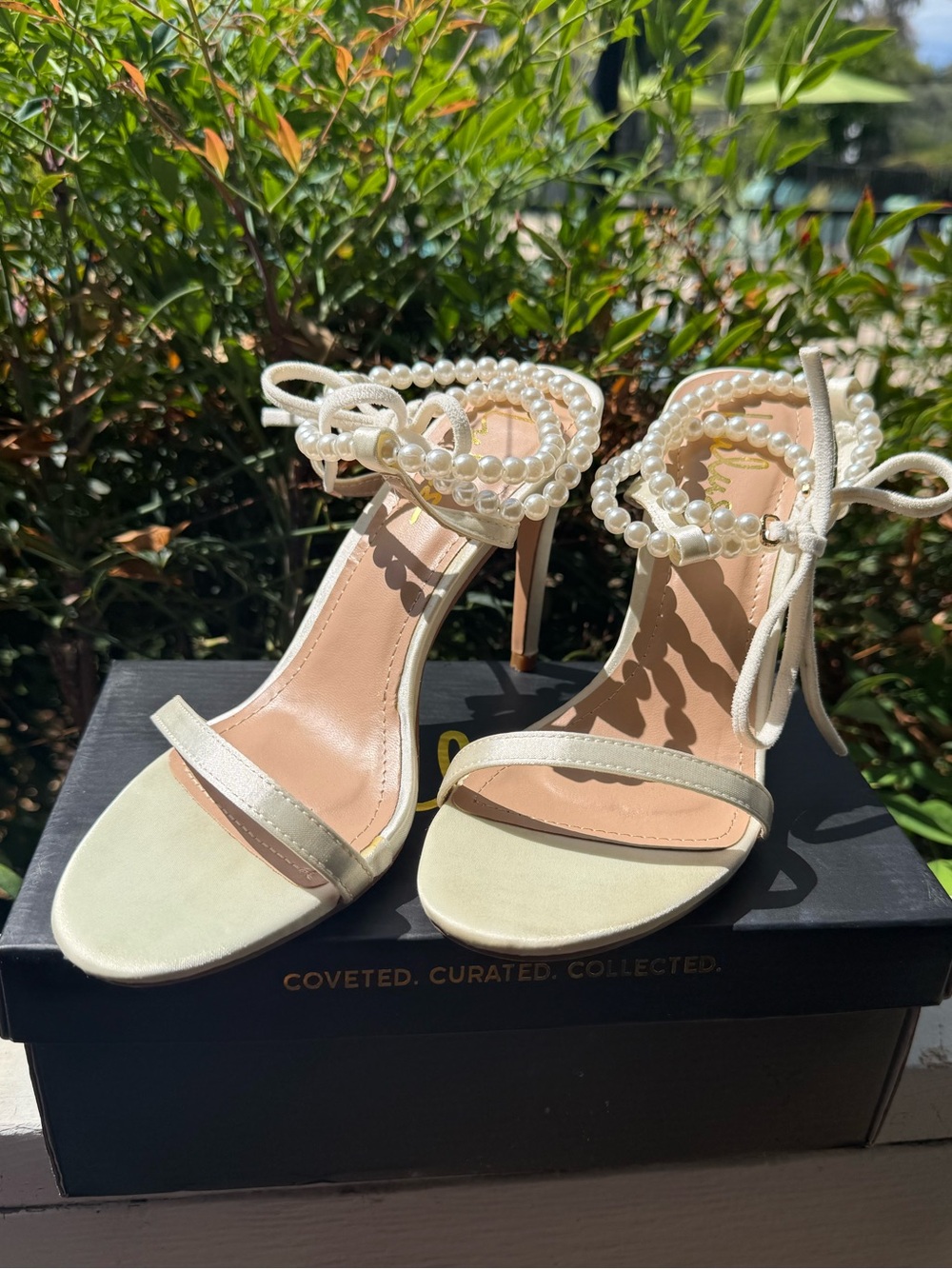 Lulu's Pearl-Tie Cream Strappy Heels